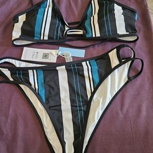 Cupshe Black, Blue, and White Striped Bikini